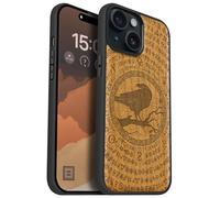 Carveit Magnetic Wooden Case for iPhone 15 Case, Compatible with MagSafe Wireless Chargers, Black Soft TPU Shockproof Cover & Wood Artisan Engraved (Ancient Echoes in Norse Lore) - Cherry