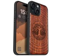 Carveit Magnetic Wooden Case for iPhone 15 Case, Compatible with MagSafe Wireless Chargers, Black Soft TPU Shockproof Cover & Wood Artisan Engraved (World Tree of Norse Mythology) - Rosy
