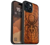 Carveit Magnetic Wooden Case for iPhone 15 Case, Compatible with MagSafe Wireless Chargers, Black Soft TPU Shockproof Cover & Wood Artisan Engraved (Web Weaver's Dominion) - Rosy