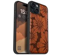 Carveit Magnetic Wooden Case for iPhone 15 Plus Case, Compatible with MagSafe Wireless Chargers, Black Soft TPU Shockproof Cover & Wood Artisan Engraved (Floral Radiance) - Rosy