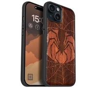 Carveit Magnetic Wooden Case for iPhone 15 Plus Case, Compatible with MagSafe Wireless Chargers, Black Soft TPU Shockproof Cover & Wood Artisan Engraved (Web Guardian) - Rosy