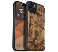 Carveit Magnetic Wooden Case for iPhone 15 Plus Case, Compatible with MagSafe Wireless Chargers, Black Soft TPU Shockproof Cover & Wood Artisan Engraved (Floral Radiance) - Walnut