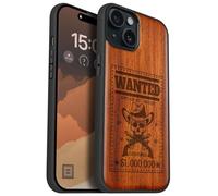 Carveit Magnetic Wooden Case for iPhone 15 Plus Case, Compatible with MagSafe Wireless Chargers, Black Soft TPU Shockproof Cover & Wood Artisan Engraved (Outlaw Skull Wanted) - Rosy