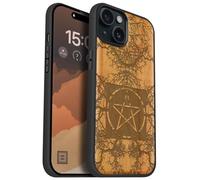 Carveit Magnetic Wooden Case for iPhone 15 Plus Case, Compatible with MagSafe Wireless Chargers, Black Soft TPU Shockproof Cover & Wood Artisan Engraved (Ancient Roots, Esoteric Paths) - Cherry