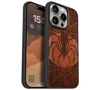 Carveit Magnetic Wooden Case for iPhone 15 Pro Case, Compatible with MagSafe Wireless Chargers, Black Soft TPU Shockproof Cover & Wood Artisan Engraved (Web Guardian) - Rosy