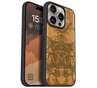 Carveit Magnetic Wooden Case for iPhone 15 Pro Case, Compatible with MagSafe Wireless Chargers, Black Soft TPU Shockproof Cover & Wood Artisan Engraved (Ancient Roots, Esoteric Paths) - Cherry