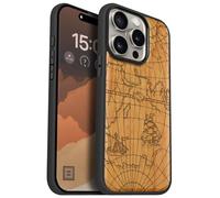 Carveit Magnetic Wooden Case for iPhone 15 Pro Case, Compatible with MagSafe Wireless Chargers, Black Soft TPU Shockproof Cover & Wood Artisan Engraved (Charting Legends of Exploration) - Cherry