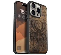 Carveit Magnetic Wooden Case for iPhone 15 Pro Case, Compatible with MagSafe Wireless Chargers, Black Soft TPU Shockproof Cover & Wood Artisan Engraved (Web Weaver's Dominion) - Walnut