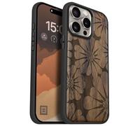 Carveit Magnetic Wooden Case for iPhone 15 Pro Max Case, Compatible with MagSafe Wireless Chargers, Black Soft TPU Shockproof Cover & Wood Artisan Engraved (Floral Radiance) - Walnut