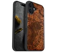Carveit Magnetic Wooden Case for iPhone 16 Plus Case, Wood Artisan Engraved & Black Soft TPU Shockproof Cover, Compatible with MagSafe Wireless Chargers (Runic Raven Call) Rosy