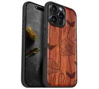 Carveit Magnetic Wooden Case for iPhone 16 Pro Max Case, Wood Artisan Engraved & Black Soft TPU Shockproof Cover, Compatible with MagSafe Wireless Chargers (Elegant Poppies) Rosy
