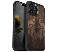 Carveit Magnetic Wooden Case for iPhone 16 Pro Max Case, Wood Artisan Engraved & Black Soft TPU Shockproof Cover, Compatible with MagSafe Wireless Chargers (Intricate Spider and Web Design) Walnut