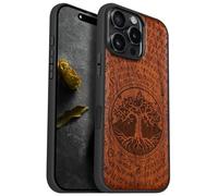 Carveit Magnetic Wooden Case for iPhone 16 Pro Max Case, Wood Artisan Engraved & Black Soft TPU Shockproof Cover, Compatible with MagSafe Wireless Chargers (World Tree of Norse Mythology) Rosy