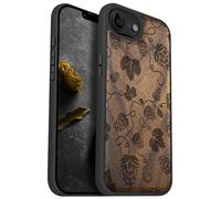 Carveit Magnetic Wooden Case for iPhone 16e / 17e Case, Solid Wood & Black TPU, Artisan Engraved Design Cover, Compatible with MagSafe Wireless Chargers, Hops & Vines Elegance - Walnut