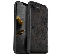 Carveit Magnetic Wooden Case for iPhone 16e / 17e Case, Solid Wood & TPU, Artisan Engraved Design Cover, Compatible with MagSafe Wireless Chargers, Ornate Lion's Head - Blackwood