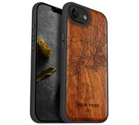 Carveit Magnetic Wooden Case for iPhone 16e / 17e, Solid Wood & Black TPU, Artisan Engraved Design, Shockproof Cover, Compatible with MagSafe Wireless Chargers, New York City Map - Rosy