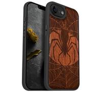 Carveit Magnetic Wooden Case for iPhone 16e 2025, Solid Wood & Black TPU, Artisan Engraved Design, Shockproof Cover, Compatible with MagSafe Wireless Chargers, Intricate Spider and Web Design - Rosy