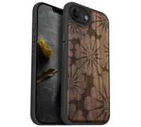 Carveit Magnetic Wooden Case for iPhone 16e 2025, Solid Wood & Black TPU, Artisan Engraved Design, Shockproof Cover, Compatible with MagSafe Wireless Chargers, Floral Radiance - Walnut