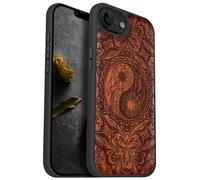Carveit Magnetic Wooden Case for iPhone 16e 2025, Solid Wood & Black TPU, Artisan Engraved Design, Shockproof Cover, Compatible with MagSafe Wireless Chargers, The Yin Yang Mandala - Rosy