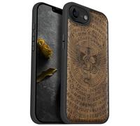 Carveit Magnetic Wooden Case for iPhone 16e 2025, Solid Wood & Black TPU, Artisan Engraved Design, Shockproof Cover, Compatible with MagSafe Wireless Chargers, Winged Serpent Blade - Walnut