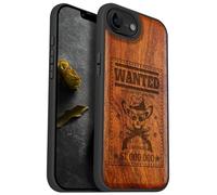 Carveit Magnetic Wooden Case for iPhone 16e 2025, Solid Wood & Black TPU, Artisan Engraved Design, Shockproof Cover, Compatible with MagSafe Wireless Chargers, Outlaw Skull Wanted - Rosy