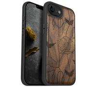 Carveit Magnetic Wooden Case for iPhone 16e 2025, Solid Wood & Black TPU, Artisan Engraved Design, Shockproof Cover, Compatible with MagSafe Wireless Chargers, Elegant Poppies - Walnut