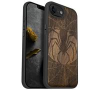 Carveit Magnetic Wooden Case for iPhone 16e 2025, Solid Wood & Black TPU, Artisan Engraved Design, Shockproof Cover, Compatible with MagSafe Wireless Chargers, Intricate Spider and Web Design - Walnut