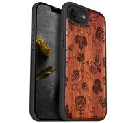 Carveit Magnetic Wooden Case for iPhone 16e 2025, Solid Wood & Black TPU, Artisan Engraved Design, Shockproof Cover, Compatible with MagSafe Wireless Chargers, Hops & Vines Elegance - Rosy