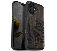 Carveit Magnetic Wooden Case for iPhone 17 Case, Wood Artisan Engraved & Black Soft TPU Shockproof Cover, Compatible with MagSafe Wireless Chargers (Fox and woods) Blackwood