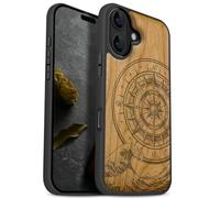 Carveit Magnetic Wooden Case for iPhone 17 Case, Wood Artisan Engraved & Black Soft TPU Shockproof Cover, Compatible with MagSafe Wireless Chargers (The Compass and the Wave) Cherry