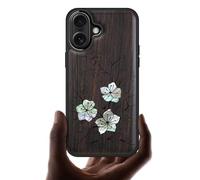 Carveit Magnetic Wooden Case for iPhone 17 Case, Wood Artisan Engraved & Handmade Shell Inlaid, TPU Shockproof Cover, Compatible with MagSafe Wireless Chargers (Whispering Sakura Blooms-Blackwood)