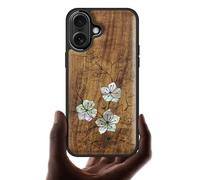 Carveit Magnetic Wooden Case for iPhone 17 Case, Wood Artisan Engraved & Handmade Shell Inlaid, TPU Shockproof Cover, Compatible with MagSafe Wireless Chargers (Whispering Sakura Blooms-Walnut)