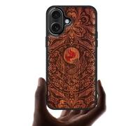 Carveit Magnetic Wooden Case for iPhone 17 Case, Wood Artisan Engraved & Handmade Shell Inlaid, TPU Shockproof Cover, Compatible with MagSafe Wireless Chargers (Phoenix in Symmetry-Rosy)