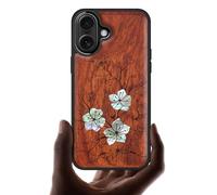Carveit Magnetic Wooden Case for iPhone 17 Case, Wood Artisan Engraved & Handmade Shell Inlaid, TPU Shockproof Cover, Compatible with MagSafe Wireless Chargers (Whispering Sakura Blooms-Rosy)
