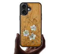 Carveit Magnetic Wooden Case for iPhone 17 Case, Wood Artisan Engraved & Handmade Shell Inlaid, TPU Shockproof Cover, Compatible with MagSafe Wireless Chargers (Whispering Sakura Blooms-Cherry)