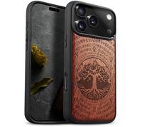 Carveit Magnetic Wooden Case for iPhone 17 Pro Case, Wood Artisan Engraved & Black Soft TPU Shockproof Cover, Compatible with MagSafe Wireless Chargers (World Tree of Norse Mythology) Rosy