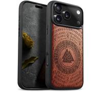 Carveit Magnetic Wooden Case for iPhone 17 Pro Case, Wood Artisan Engraved & Black Soft TPU Shockproof Cover, Compatible with MagSafe Wireless Chargers (Ancient Wisdom in Viking Design) Rosy