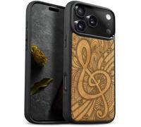 Carveit Magnetic Wooden Case for iPhone 17 Pro Case, Wood Artisan Engraved & Black Soft TPU Shockproof Cover, Compatible with MagSafe Wireless Chargers (Zen Doodle Treble Clef) Cherry