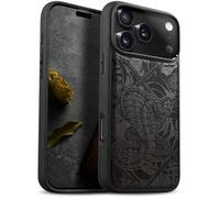 Carveit Magnetic Wooden Case for iPhone 17 Pro Case, Wood Artisan Engraved & Black Soft TPU Shockproof Cover, Compatible with MagSafe Wireless Chargers (Vintage Snake & Katana Totem) Blackwood