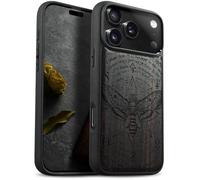 Carveit Magnetic Wooden Case for iPhone 17 Pro Case, Wood Artisan Engraved & Black Soft TPU Shockproof Cover, Compatible with MagSafe Wireless Chargers (Death's Head moth) Blackwood