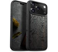 Carveit Magnetic Wooden Case for iPhone 17 Pro Case, Wood Artisan Engraved & Black Soft TPU Shockproof Cover, Compatible with MagSafe Wireless Chargers (Gremlins & The Gears of Time) Blackwood