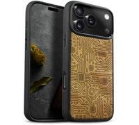 Carveit Magnetic Wooden Case for iPhone 17 Pro Case, Wood Artisan Engraved & Black Soft TPU Shockproof Cover, Compatible with MagSafe Wireless Chargers (Abstract Motherboard Linework Art) Cherry