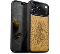 Carveit Magnetic Wooden Case for iPhone 17 Pro Max Case, Wood Artisan Engraved & Black Soft TPU Shockproof Cover, Compatible with MagSafe Wireless Chargers (Radiant Anchor Symbol) Cherry