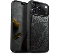 Carveit Magnetic Wooden Case for iPhone 17 Pro Max Case, Wood Artisan Engraved & Black Soft TPU Shockproof Cover, Compatible with MagSafe Wireless Chargers (Runic Raven Call) Blackwood