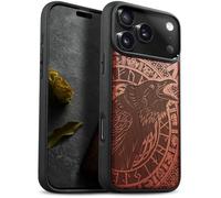 Carveit Magnetic Wooden Case for iPhone 17 Pro Max Case, Wood Artisan Engraved & Black Soft TPU Shockproof Cover, Compatible with MagSafe Wireless Chargers (Runic Raven Call) Rosy