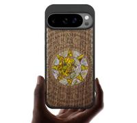 Carveit Magnetic Wooden Case for Pixel 10 / Pixel 10 Pro Case, Wood Artisan Engraved & Handmade Shell Inlaid, Compatible with MagSafe Wireless Chargers, Sun and Moon God - Walnut