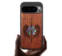 Carveit Magnetic Wooden Case for Pixel 10 / Pixel 10 Pro Case, Wood Artisan Engraved & Handmade Shell Inlaid, Compatible with MagSafe Wireless Chargers, Wings of Valor Essence - Rosy