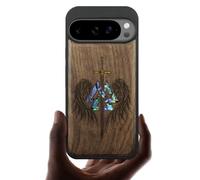 Carveit Magnetic Wooden Case for Pixel 10 / Pixel 10 Pro Case, Wood Artisan Engraved & Handmade Shell Inlaid, Compatible with MagSafe Wireless Chargers, Wings of Valor Essence - Walnut