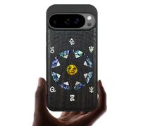 Carveit Magnetic Wooden Case for Pixel 10 / Pixel 10 Pro Case, Wood Artisan Engraved & Handmade Shell Inlaid, Compatible with MagSafe Wireless Chargers, The Sun God and Octagonal Star - Blackwood