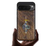 Carveit Magnetic Wooden Case for Pixel 9 Pro / 9 Pro Case, Wood Artisan Engraved & Handmade Shell Inlaid, Compatible with MagSafe Wireless Chargers, Serpent Winged Sword - Walnut
